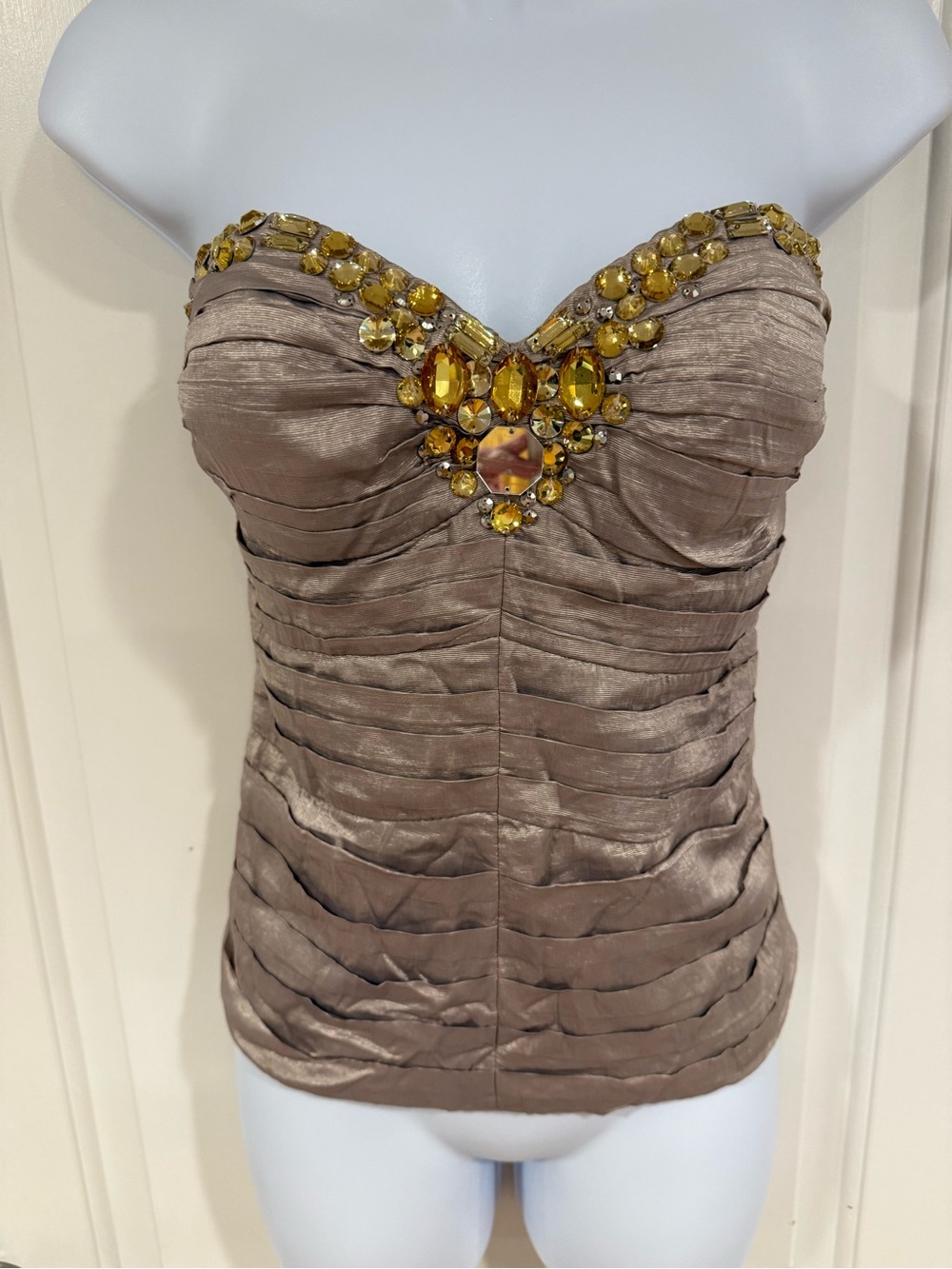Bebe strapless corset Taupe Ruched Top with gold Gem Embellishment / size small